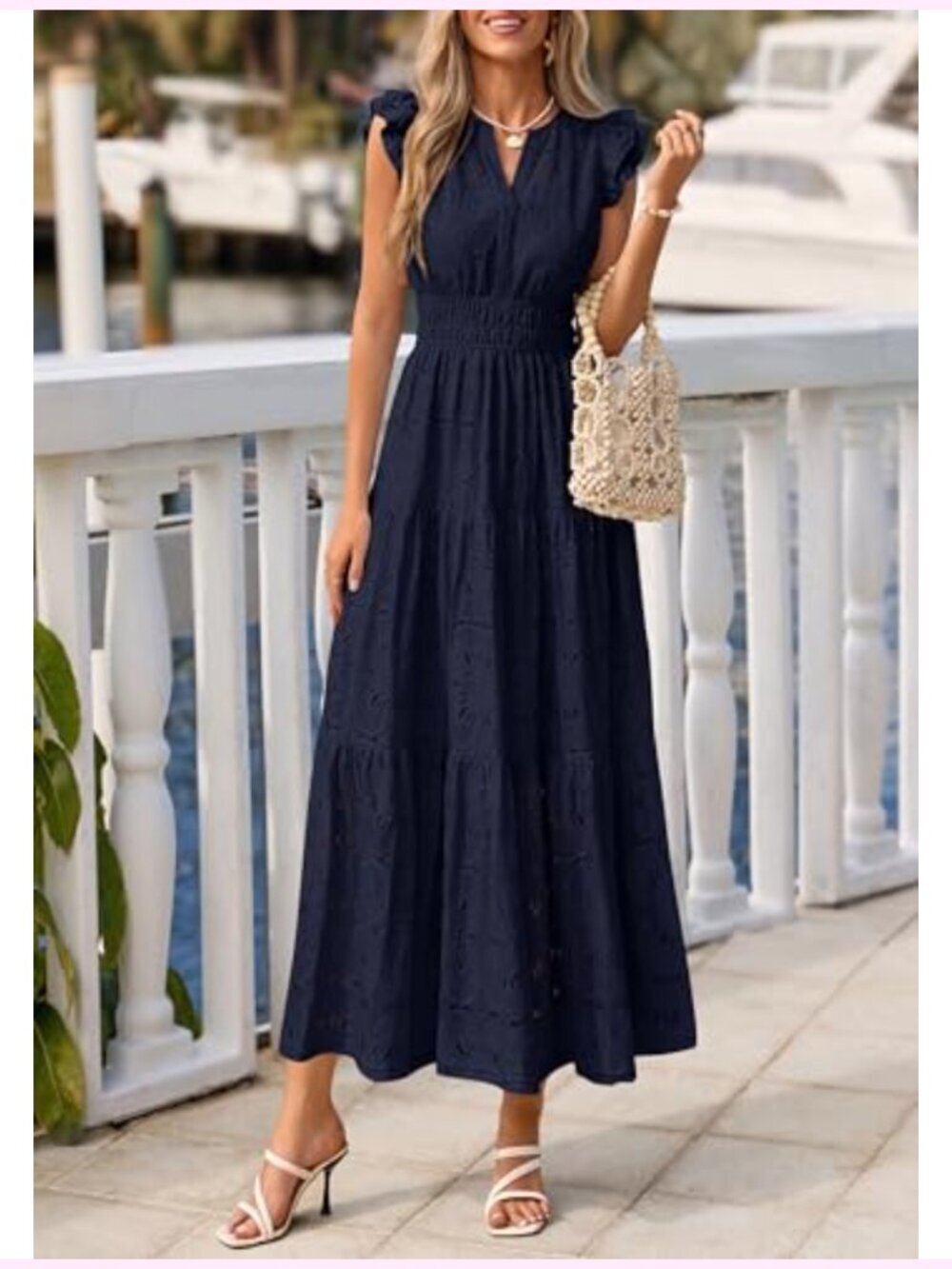Boho Eyelet Maxi Dress V-Neck Flutter Sleeve Tiered Ruffle A-Line Wedding Guest - Picture 2 of 6